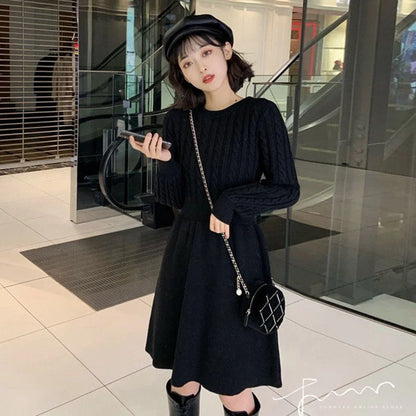 vmtvr Women Sweater Long Sleeve Dresses Autumn Winter Knitted Patchwork Slim O Neck Elegant Solid Color New Year Pullover Dresses