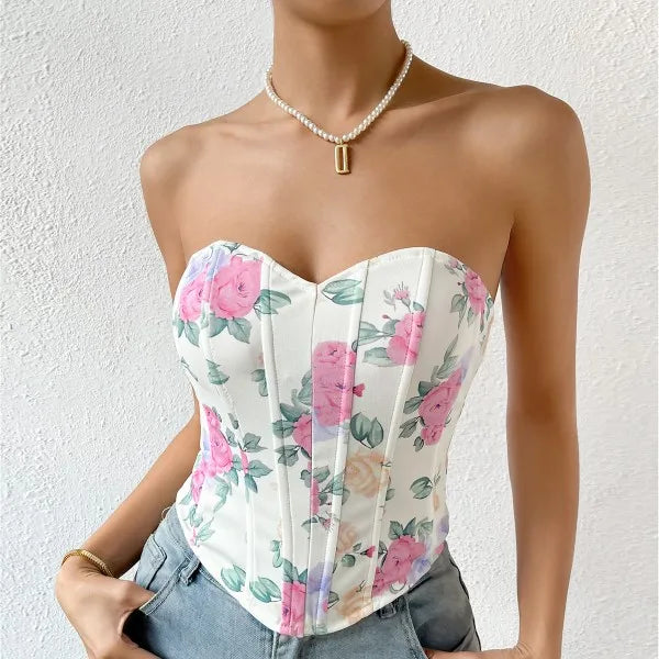 vmtvr Women's Summer Floral Printed Corset Tops Sexy Strapless Bodyshaper Bustier Crop Top Female Fashion Slim Back Hook Tank Tops