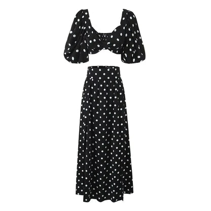 vmtvr  -  Vintage Polka Dots Printed 2 Pcs Set Women Summer Matching Set Maxi Skirt Beach Dress Set New Outfits Holiday Robe