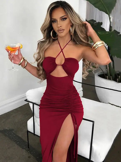 vmtvr Hot Summer Sexy Halter Backless Sleeveless Cut Out Maxi Dress for Women Elegant Club Party Slit Dresses Vestido