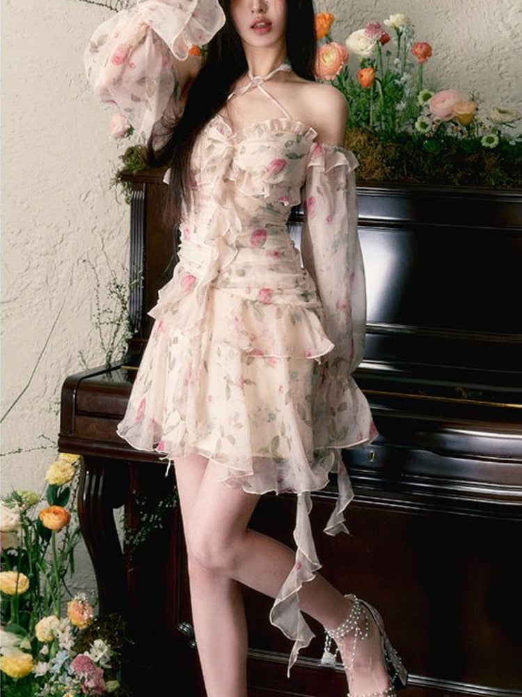 Sweet Elegant Floral Chiffon Dress Beach Style 2023 Summer Long Sleeve Y2k Mini Dress Women Casual One Piece Dress Korean Design