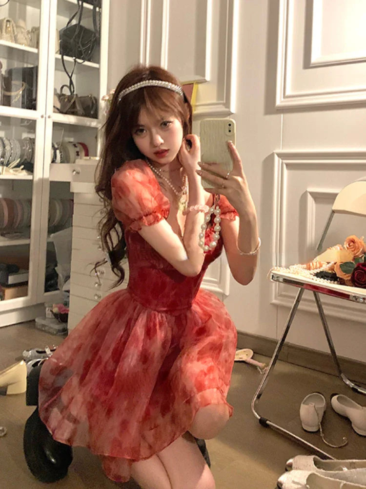 vmtvr Sweet Floral Fairy Short Party Dress Female Elegant French Red Y2k Mini Dress Summer Kawaii Clothing Lolita Dress Lace Chic