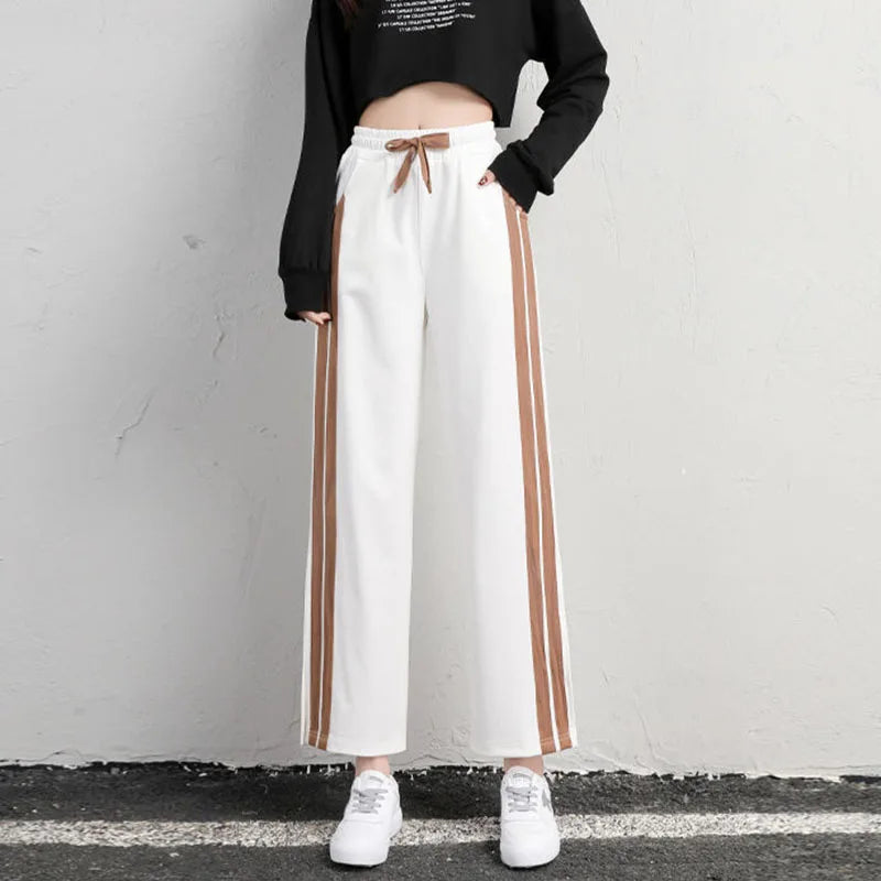 vmtvr Women Fashion Striped Pants Korean Casual Streetwear Loose Ankle Length Pants Summer All Match Female Slits Sweatpants