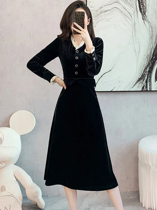 vmtvr  -  Black Velvet Chic Lace V-Neck Evening Dress for Women Autumn Winter Korean Vintage Hepburn Dress Fashion Elegant Prom Dress