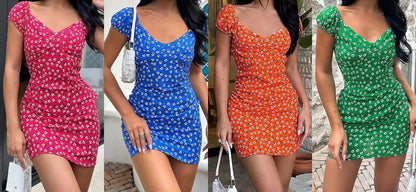 Woman Summer Elegant Slim Fit Short V-Neck Floral Mini Dress Fashion Lady Sexy Robes New Style Versatile Casual Printed Dress