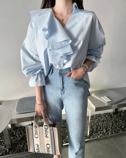 vmtvr Ruffles V-Neck Cotton Shirts Elegant Women Female Lantern Sleeve Tops Blouses Casual OL Shirt Blusas Spring Summer