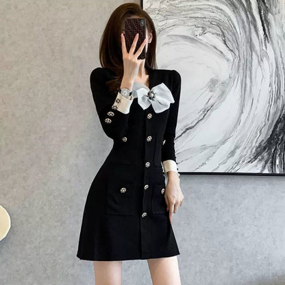 Small Fragrance Style Knitted Dress Women Autumn  New Slim Little Black Dress Female Fashion Bodycon Sweet Mini Dress Trend