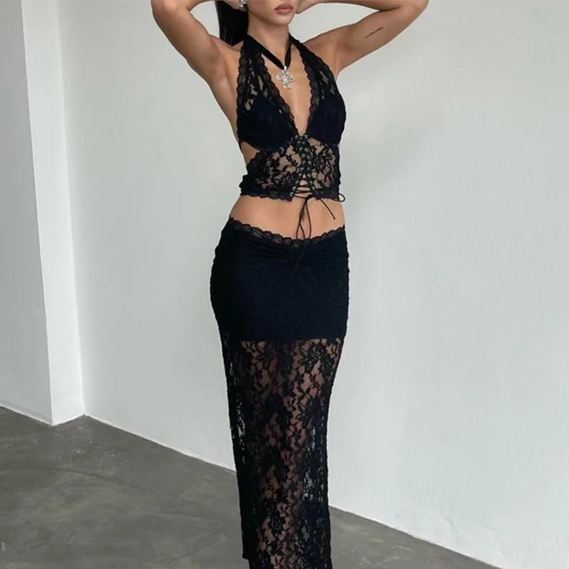 Hater Sheer Lace Bandage Sexy Dress Sets Co-ord Sets Outfits for Women Matching Sets Maxi Skirts 2 Piece Sets