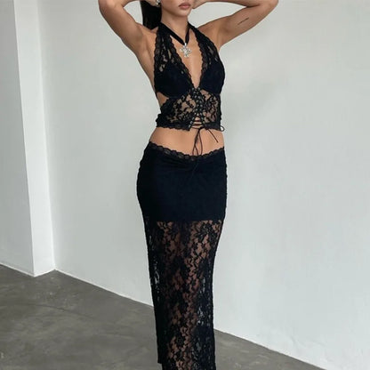 vmtvr Hater Sheer Lace Bandage Sexy Dress Sets Co-ord Sets Outfits for Women Matching Sets Maxi Skirts 2 Piece Sets