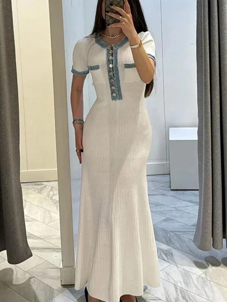 vmtvr  -  Knitted Ribbed Long Dress Women V Neck Denim Patchwork Short Sleeve Pockets Buttons Bodycon Maxi Dresses Lady Slim Fit Robe