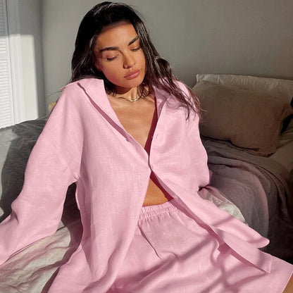 vmtvr Simple Women's Cotton Linen Suit Spring and Summer Women's Fashion Pleated Long Sleeved Shirt Loose Breathable Casual Shorts Set