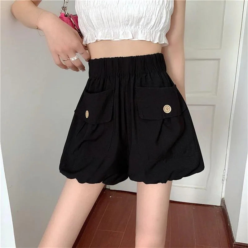 vmtvr Summer Women Shorts Korean High Waist Female Streetwear Lantern Shorts Fashion Big Pocket Button Loose Sports Shorts