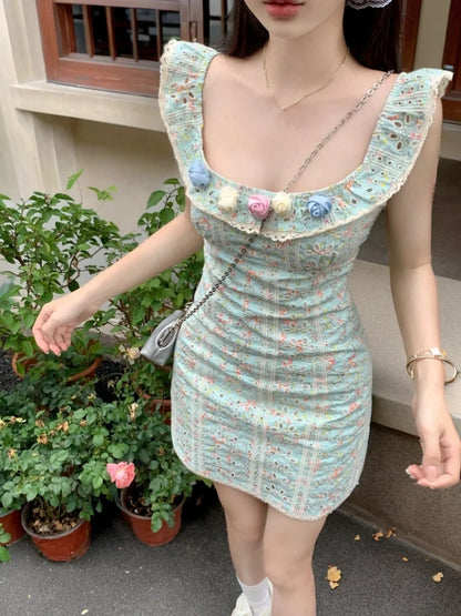 vmtvr  -  Short Dresses Womens Dresses New in  Floral Small Flying Sleeve Square Neck Dress Summer Holiday Skirt  Waist Wrap Hip Skirt