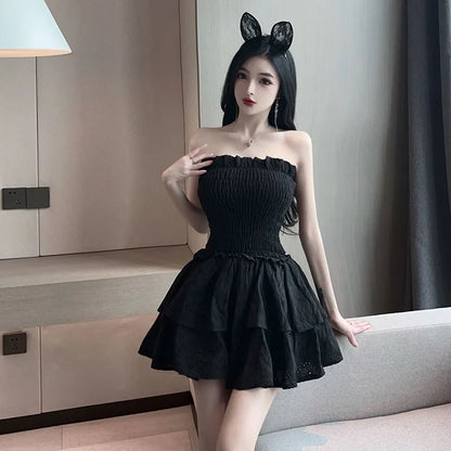 vmtvr Women White Mini Dress Korean Fashion Sexy Strapless Dresses Summer Casual High Waist Female Folds Ball Gown Dress