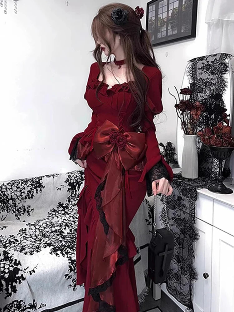 vmtvr  -  Red Thigh-high Slit Mermaid Dress Birthday Evening Gown Big Bow at Waist