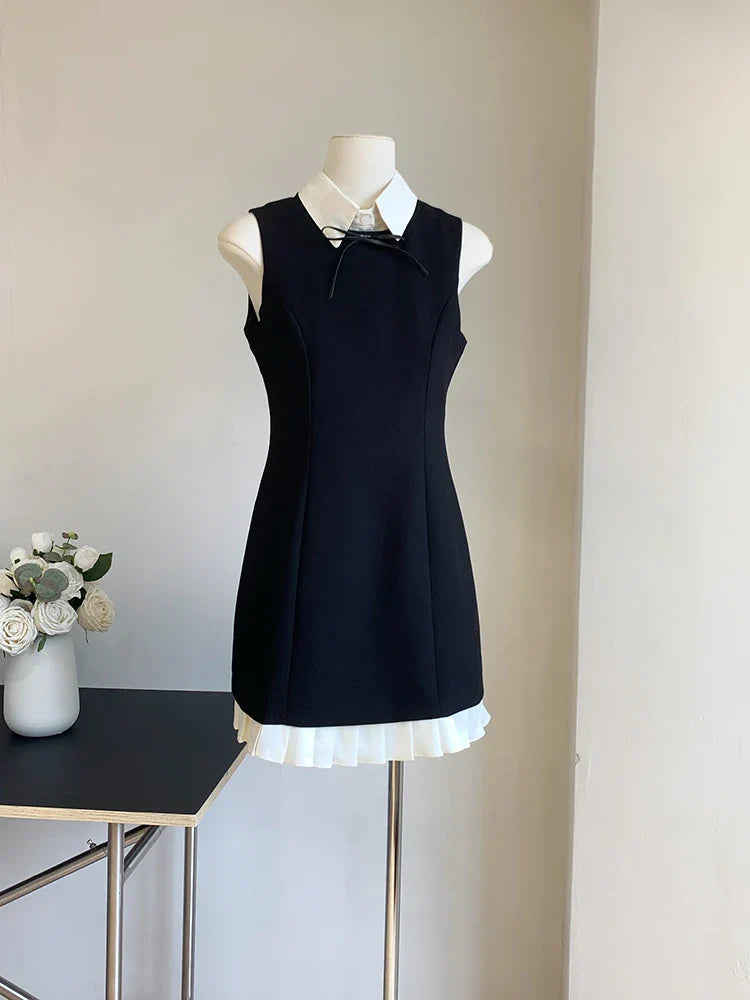 vmtvr  -  Black Sweet Bow Chic Button Casual Women Dresses Summer Contrast Color Classic Sleeveless Fashion Simple Female Dresses