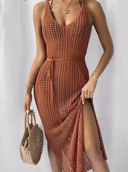 New Sexy Hollow Fishnet Mesh Maxi Knit Dress Women Party Club See Through Bodycon Long Dresses Summer Beach Holiday Outfits