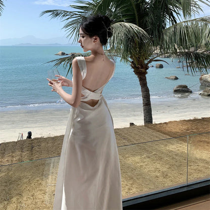 vmtvr  -  French Elegant Backless Bandage Long Dresses for Women Summer Satin Sleeveless Birthday Party Beach Casual Female Clothing Robe