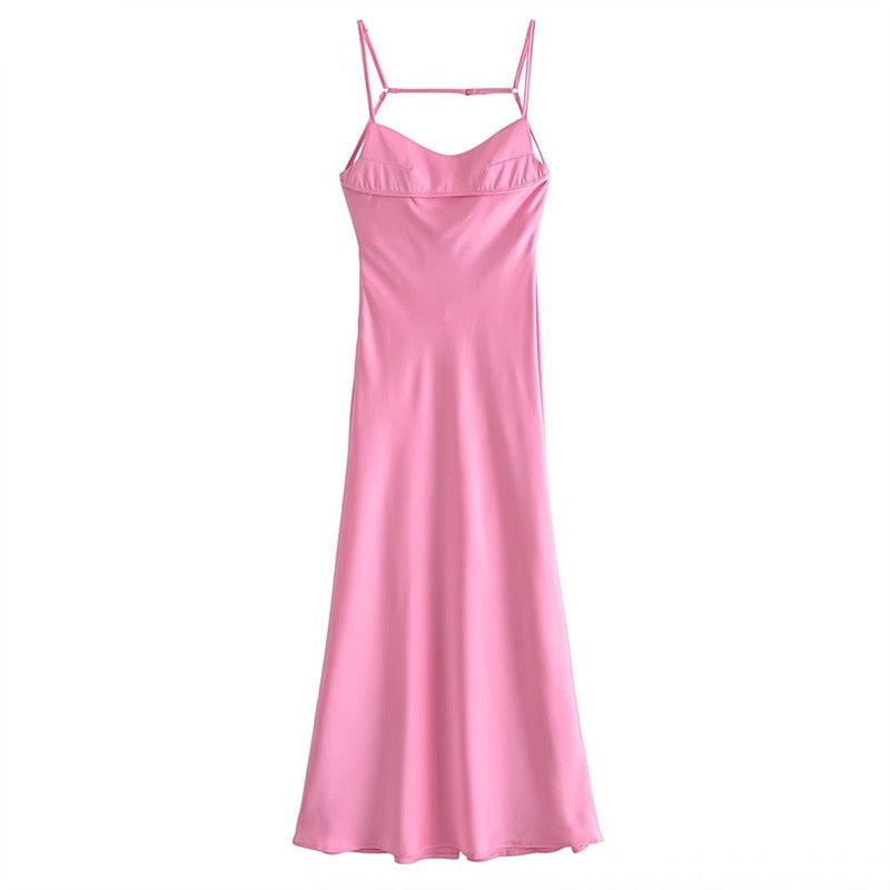 vmtvr -  New Women Hollow Design Silk Satin Texture Midi Suspender Dress Summer Sexy Revealing Back Slit Slim Pink Dress