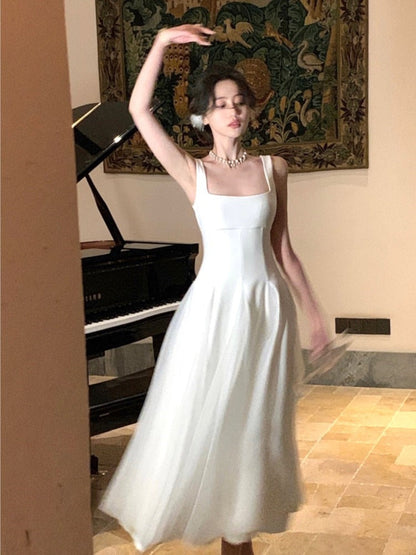 Summer New Women French Elegant Ruffles Evening Party White Dresses Square Neck Princess Birthday Midi Vestidos Dance Costume