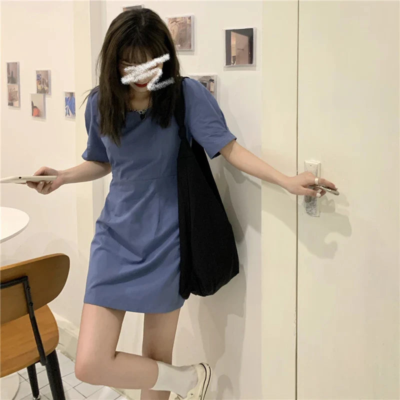 Summer Korean Fashion A-line High Waist Thin Kawaii Mini Dress Harajuku Vintage Short Puff Sleeve Backless Dress Women's Clothes