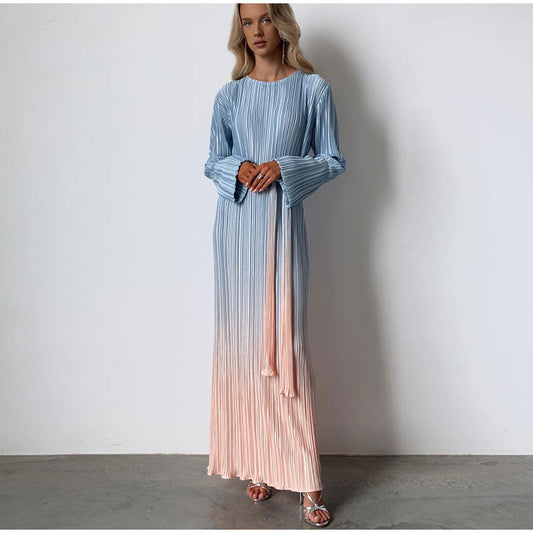 vmtvr - Gradient Tie Dye Long Sleeve Maxi Dress For Women Fashion Oneck Straight Loose Pleated Vestidos Female Elegantstreetwear Robe