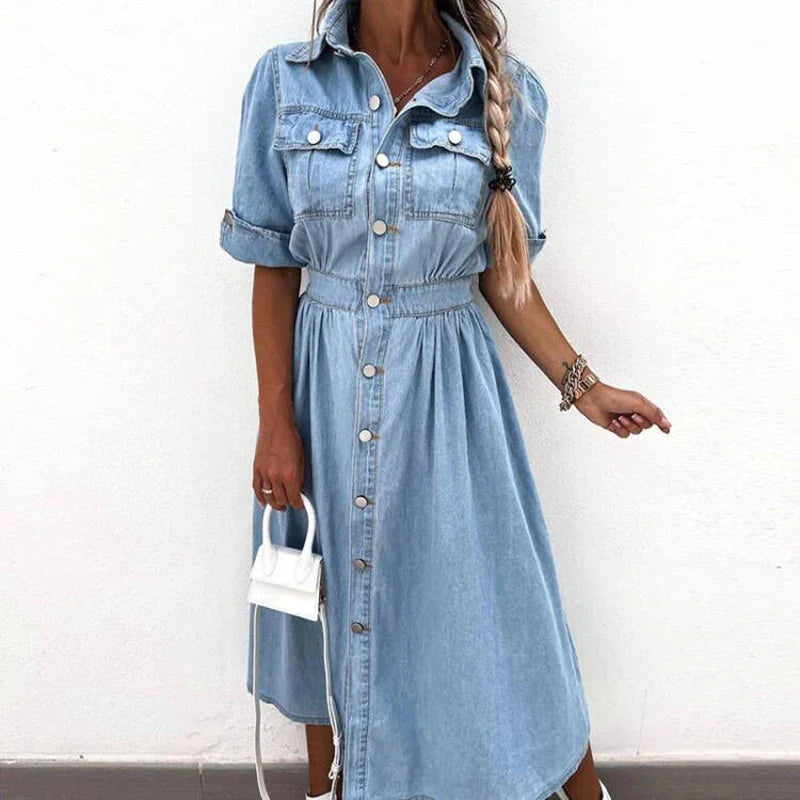 vmtvr New Turn-down Collar Short Sleeve Summer Dress Women's Single Breasted Pocket Casual Dress Denim High Waist Pleated 2024 Dresses