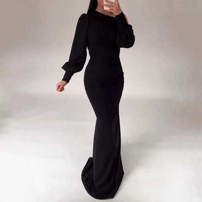 Women Maxi Dress Casual Solid Long Lantern Sleeve Inclined Shoulder Nipped Waist Slim Party Evening Dresses Streetwear