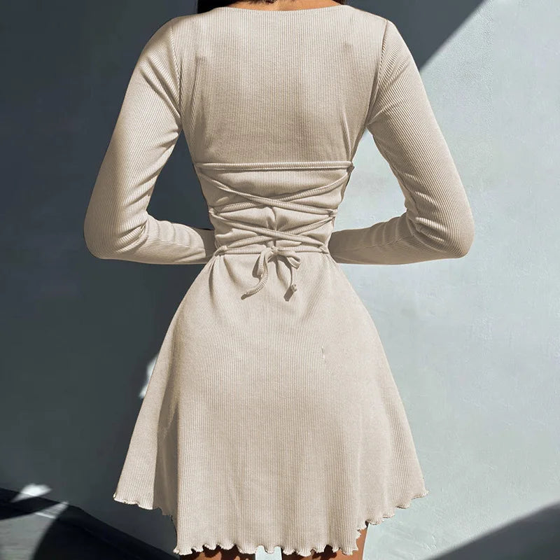 vmtvr Solid Knitted Mini Dress for Women Elegant Outfits Fall Long Sleeve Bandage A-Line Vestido Plunge Dresses Clothes