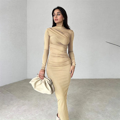 Autumn Elegant Ruched Long Bodycon Dress Fashion Outfits for Women Club Party Slinky Sexy Dresses Birthday Robes