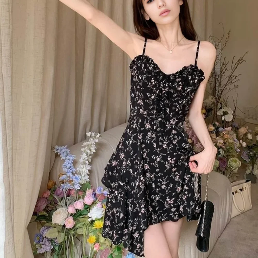 vmtvr  -  Summer Dress New in Dresses Long Dress Women's Dress Dark Allure Niche Irregular Floral Halter Dress Sexy Girl Spring and Summer