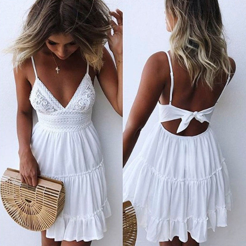 vmtvr Ruffle Solid Mini Dress 2023 Summer Sleeveless Bow Back Chic Sundress Deep V Neck Bohemian Short Beach Dresses for Women