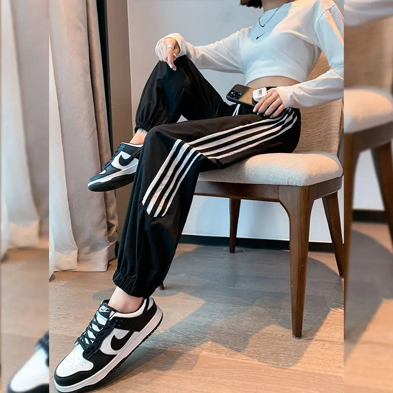 vmtvr Preppy Style Sweet Women Pink Striped Sweatpants Spring Summer Thin Fashion Harajuku Elastic High Waist Casual Casual Trousers