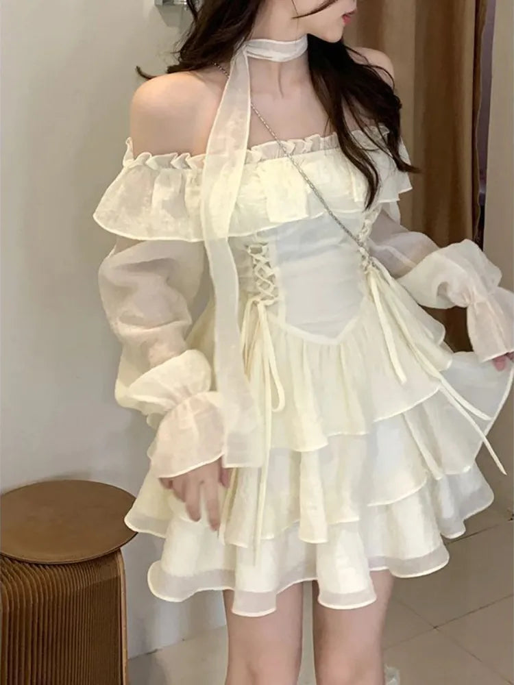 vmtvr Summer Elegant Ruffles Fairy Dress Women Casual Sweet Lolita Party Dress Long Sleeve One Piece Dress Korean Female Fashion