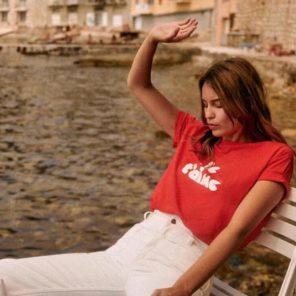 -Retro sports style outfit streetwear 90s fashion Je T'aime French Letters Printing Female Chic Short Sleeve T Shirts Red Short Sleeve 100% Cotton Casual Tops Ins Fashion Tees