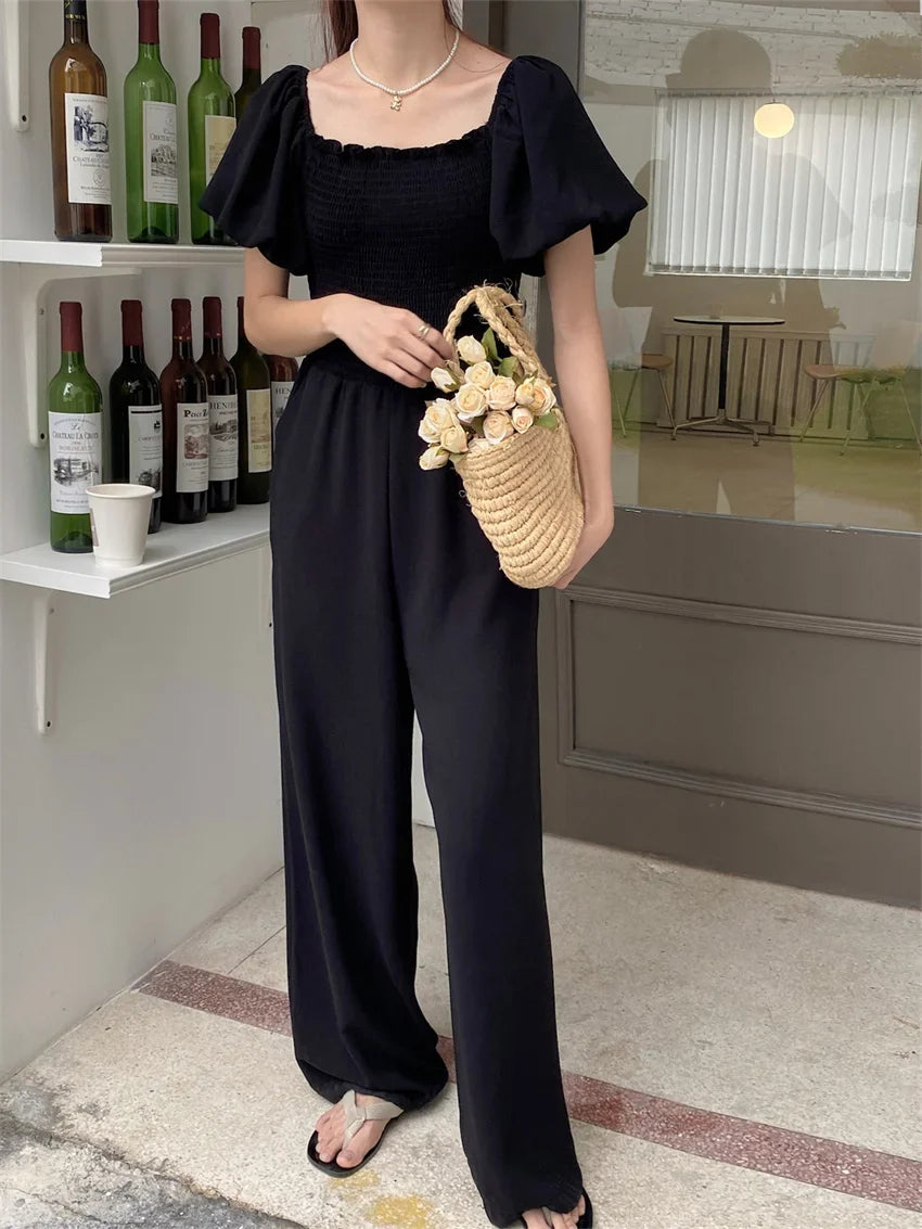 vmtvr Black Jumpsuits Women Elegant Chic Slim Work Wear New Summer Office Lady Wide Leg Slash Neck Daily Rompers