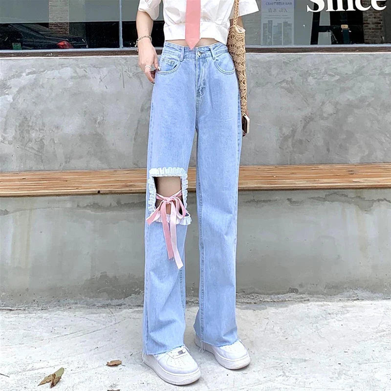 vmtvr Y2K Women Ripped Jeans Korean Bow Tie Bandage Loose Wide Leg Pants Summer Fashion Female All Match Student Denim Trousers