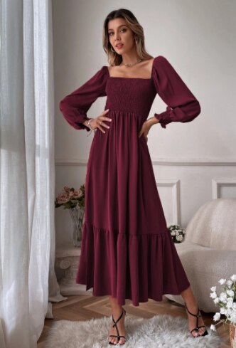 Women Fashion Panelled Midi Dress Vintage Square Neck Long Puff Sleeve A Line Female Dresses Vestidos Mujer