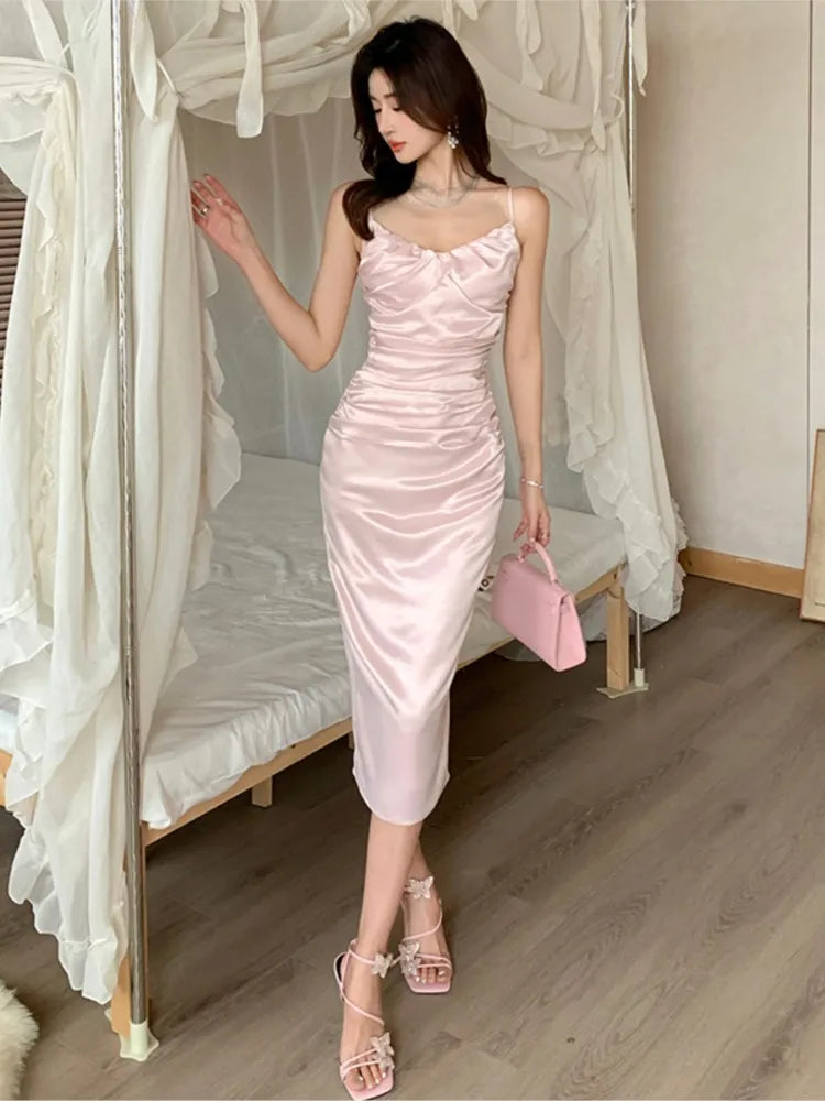 vmtvr Sexy Bodycon Pink Satin Midi Dress Women New Summer Spaghetti Strap Slim Backless High Split Evening Party Dresses Prom Vestido