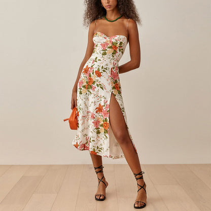 vmtvr Summer Dresses For Women Elegant Vintage Floral Print Dress Sweetheart Neck Spaghetti Strap Midi Dress With Slit Sundress