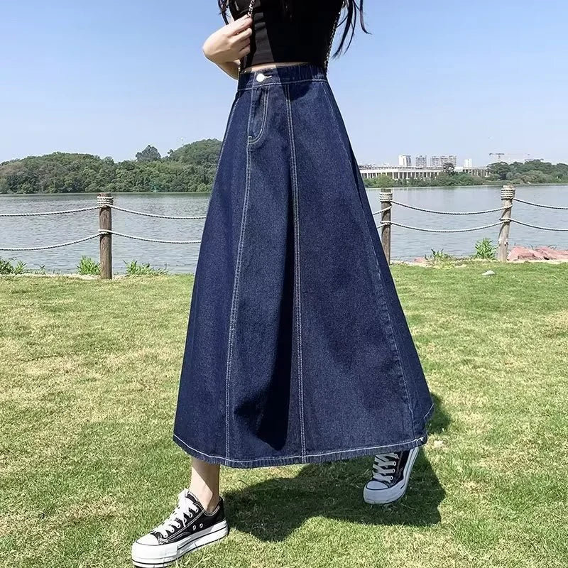 vmtvr Vintage Women Solid Jeans Skirts Summer Fashion Casual Female Loose Midi Skirts Y2K All Match High Waist A Line Denim Skirts