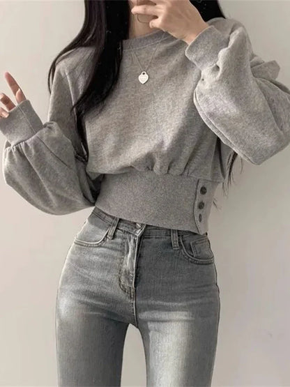 -Fall Outfits y2k Long Sleeve Top -Autumn Sweatshirt Women Harajuku Crop Long Sleeve Top Female Korean Chic Sporty Hoodies Ladies Vintage Casual Button Sweatshirts Streetwear