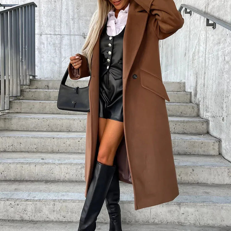 vmtvr Commuter Ladies Elegant Lapel Neck Woolen Coat Autumn Double Button Slim Long Tops Cardigan Winter Long Sleeve Warm Women Jacket
