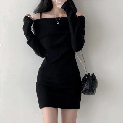 -Korean Knitted Mini Dress Women Off Shoulder Sexy Bodycon Dress Autumn Winter Solid Pullover Dresses  Suspender Sweater