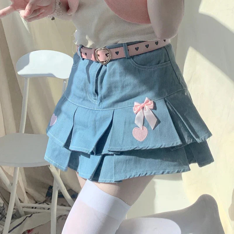 vmtvr Y2K Love Embroidery Jeans Skirts Women Fashion Streetwear Mini Skirts Summer All Match Female High Waist Pleated Skirts