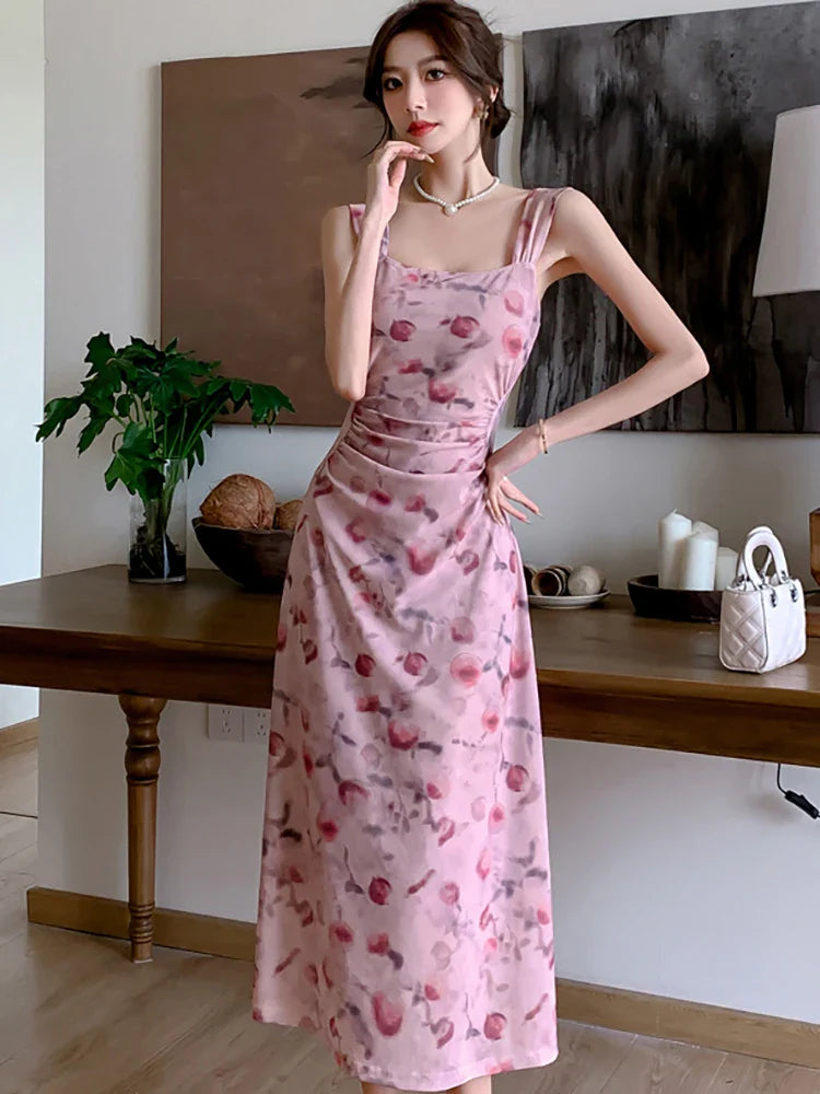 vmtvr 2024 Pink Floral Mesh Chic Sling Long Dress Summer Elegant Casual Beach Sundress Women Korean Fashion Bodycon Party Night Dress