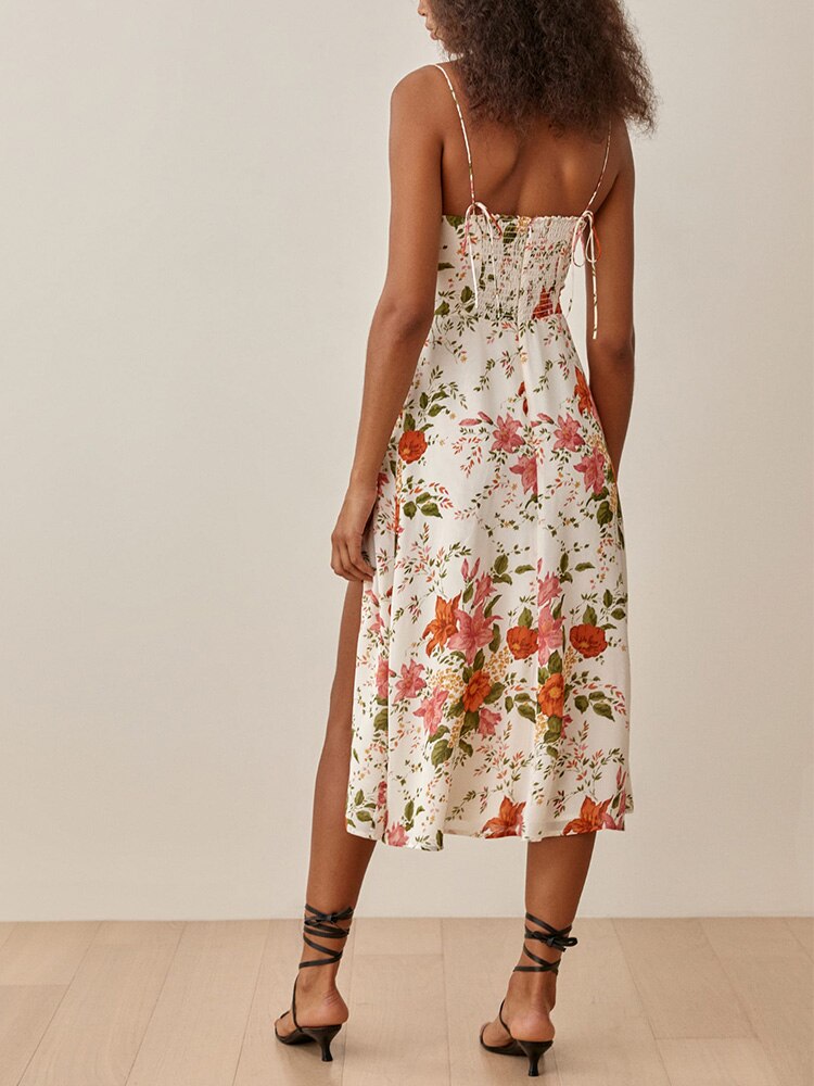 vmtvr Summer Dresses For Women Elegant Vintage Floral Print Dress Sweetheart Neck Spaghetti Strap Midi Dress With Slit Sundress