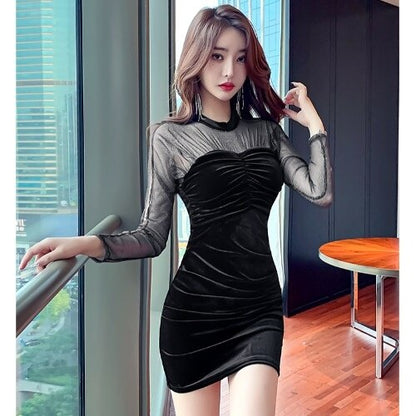 vmtvr - Black Red Blue Velvet Dress Women Sexy Party Dresses Women Evening Perspective Mesh Mini Dress Ladies Folds Tight Pencil