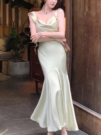 vmtvr French Elegant Sleeveless Midi Dress Office Lady Summer Slim Bodycon Pure Color Dress Party Fashion Strap Dress Woman Chic