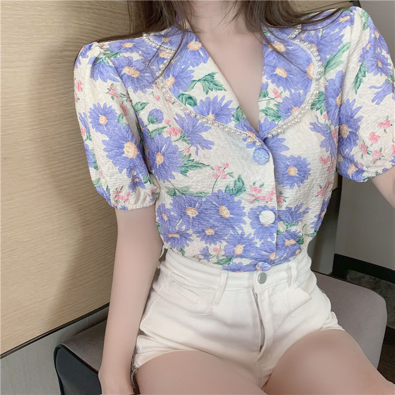 Blouse Women Summer  New French Style Short Sleeve High Waist V-Neck Blusas Womens Tops And Blouses